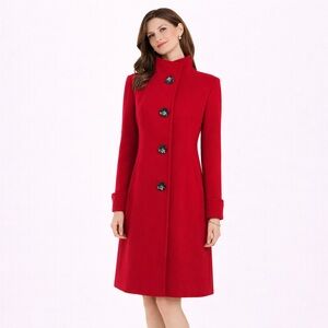 Michael Kors Red 100% Wool Funnel Neck Long Coat• Winter Button Coat - Holidays